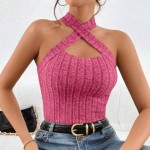 TOP HALTER TEJIDO DE CANALÉ CON TIRA CRUZADA