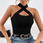 TOP HALTER TEJIDO DE CANALÉ CON TIRA CRUZADA