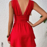 Vestido de cuello profundo ribete con encaje de cintura con fruncido